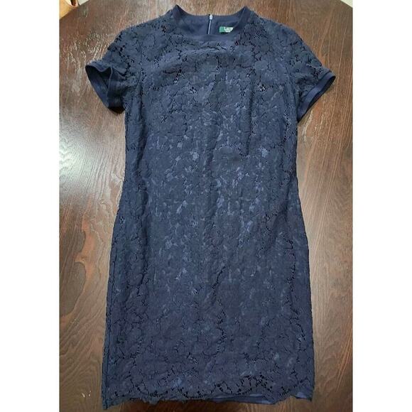 Lauren Ralph‎ Lauren Mini Pencil Dress Navy Lace Short Sleeve Lined Crew Neck 8 - Picture 1 of 10
